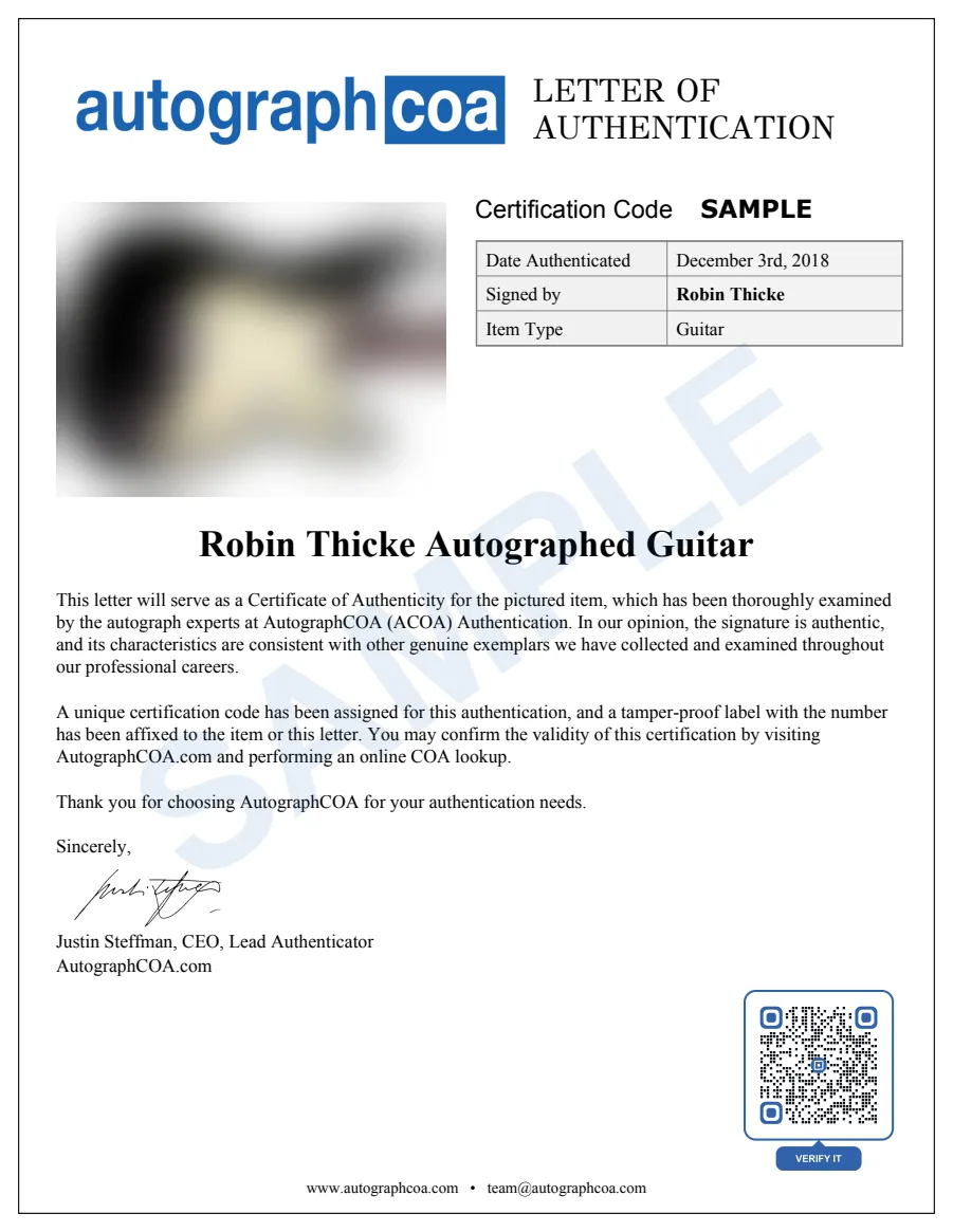 Example Letter of Authenticity for this item, marked SAMPLE