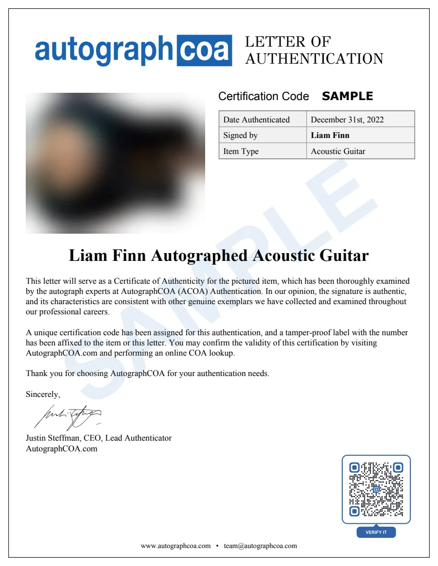 Example Letter of Authenticity for this item, marked SAMPLE