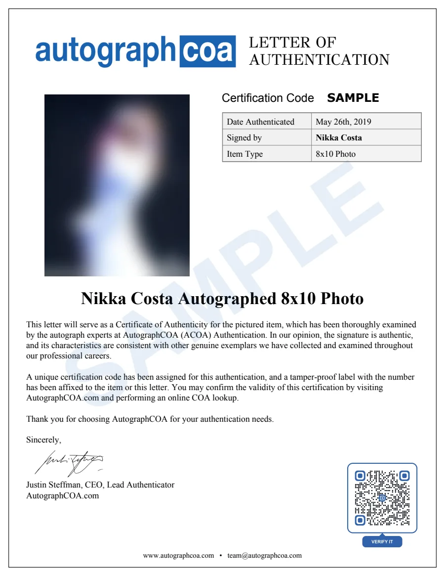 Example Letter of Authenticity for this item, marked SAMPLE