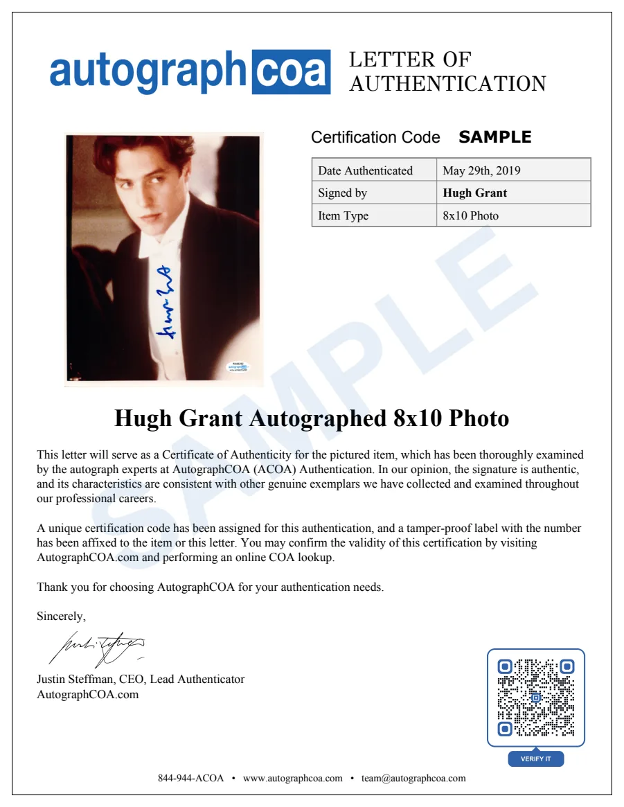Example Letter of Authenticity for this item, marked SAMPLE