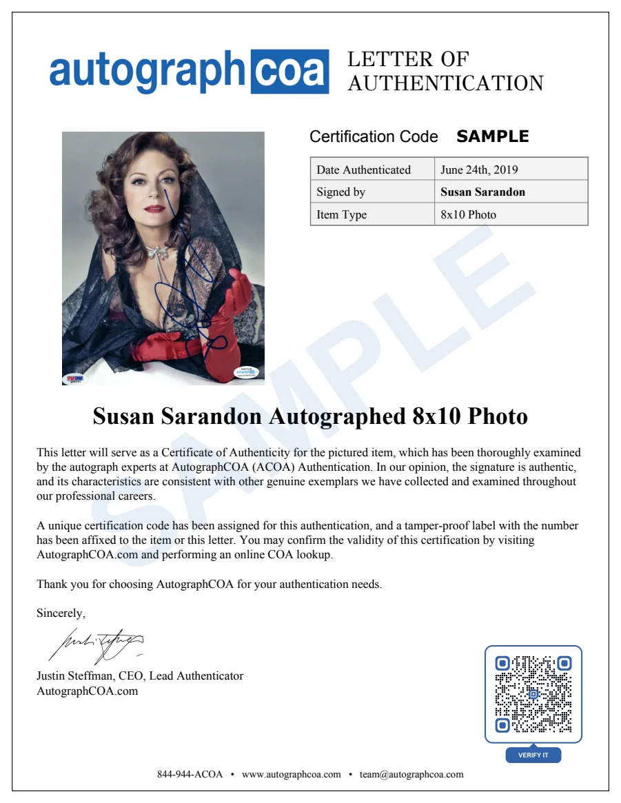 Example Letter of Authenticity for this item, marked SAMPLE