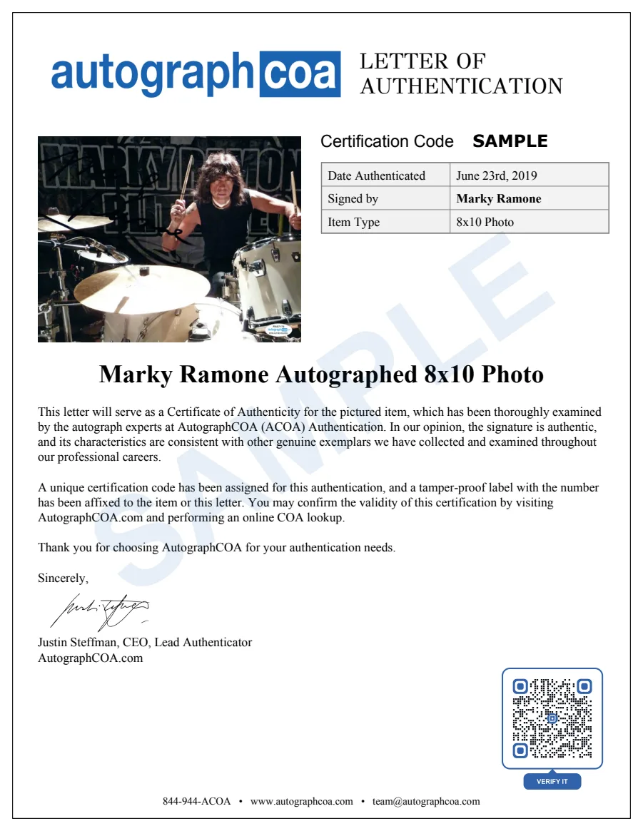 Example Letter of Authenticity for this item, marked SAMPLE