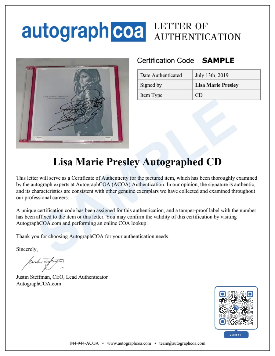 Example Letter of Authenticity for this item, marked SAMPLE