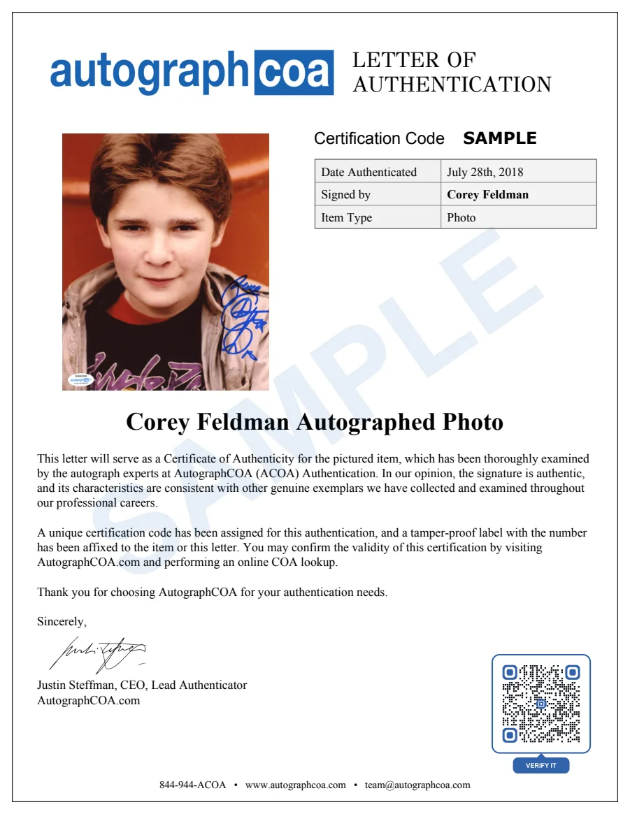 Example Letter of Authenticity for this item, marked SAMPLE