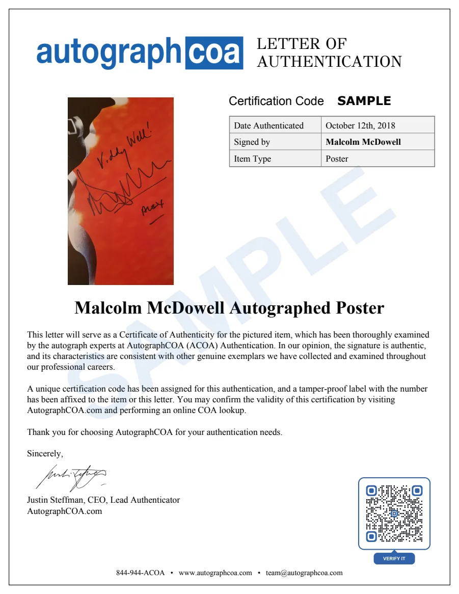 Example Letter of Authenticity for this item, marked SAMPLE