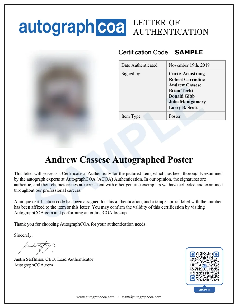 Example Letter of Authenticity for this item, marked SAMPLE