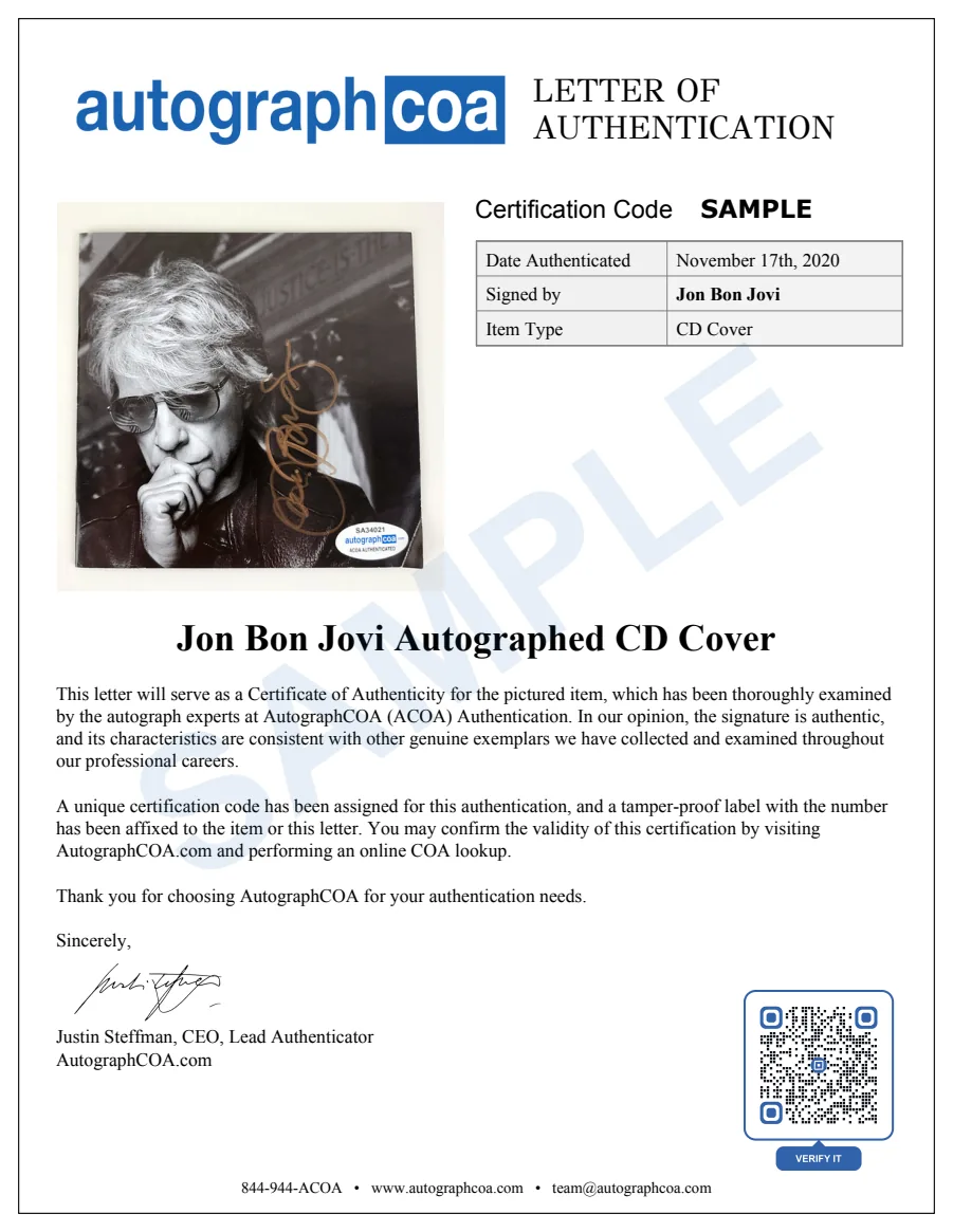 Example Letter of Authenticity for this item, marked SAMPLE