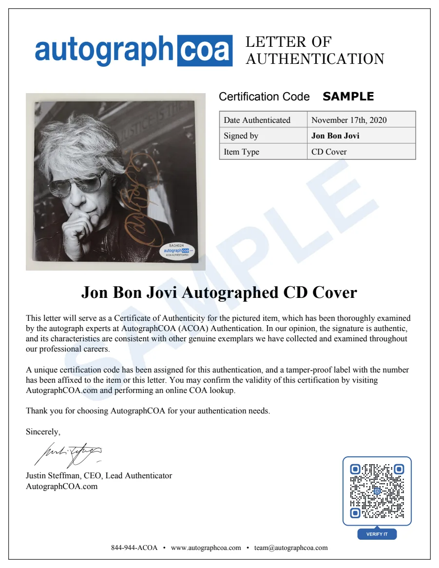 Example Letter of Authenticity for this item, marked SAMPLE