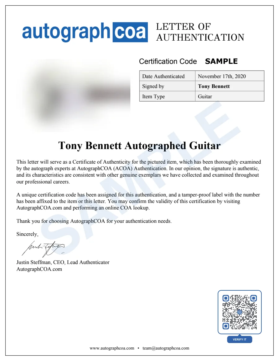 Example Letter of Authenticity for this item, marked SAMPLE