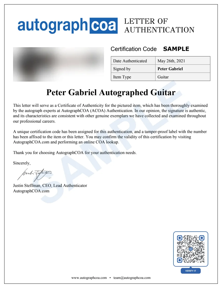 Example Letter of Authenticity for this item, marked SAMPLE