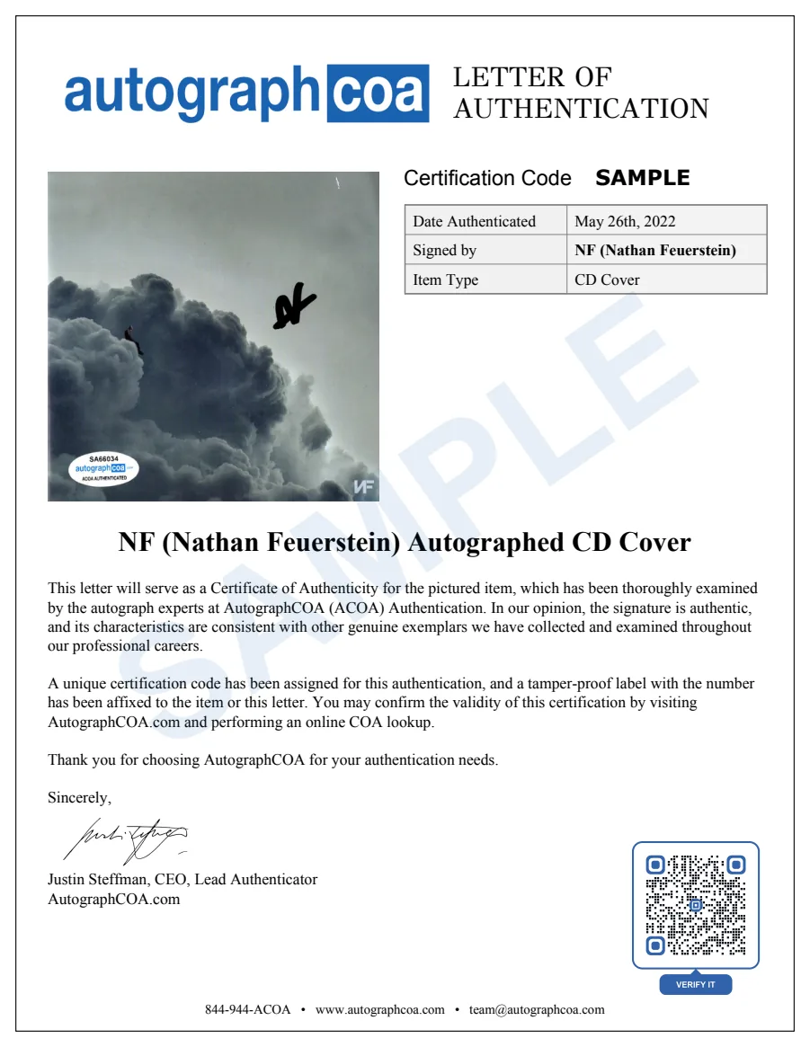 Example Letter of Authenticity for this item, marked SAMPLE