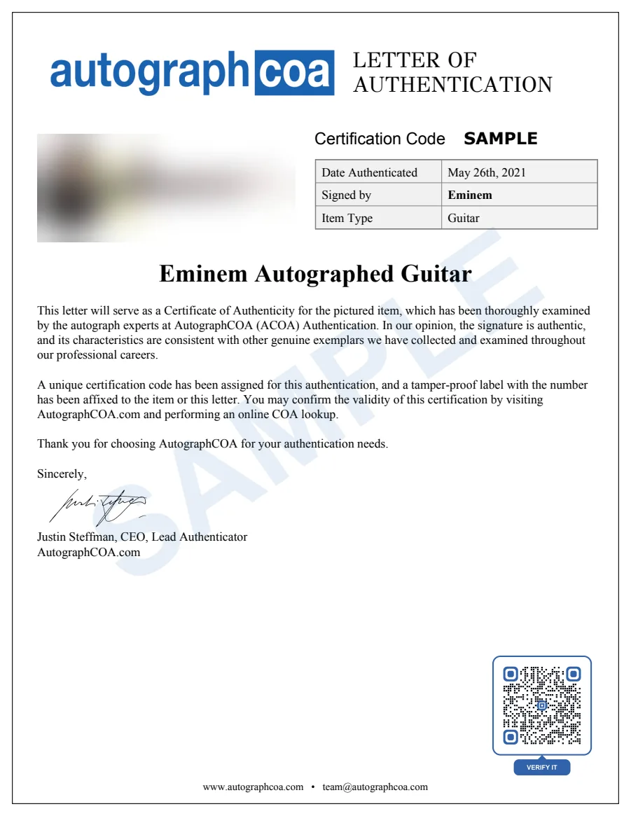 Example Letter of Authenticity for this item, marked SAMPLE