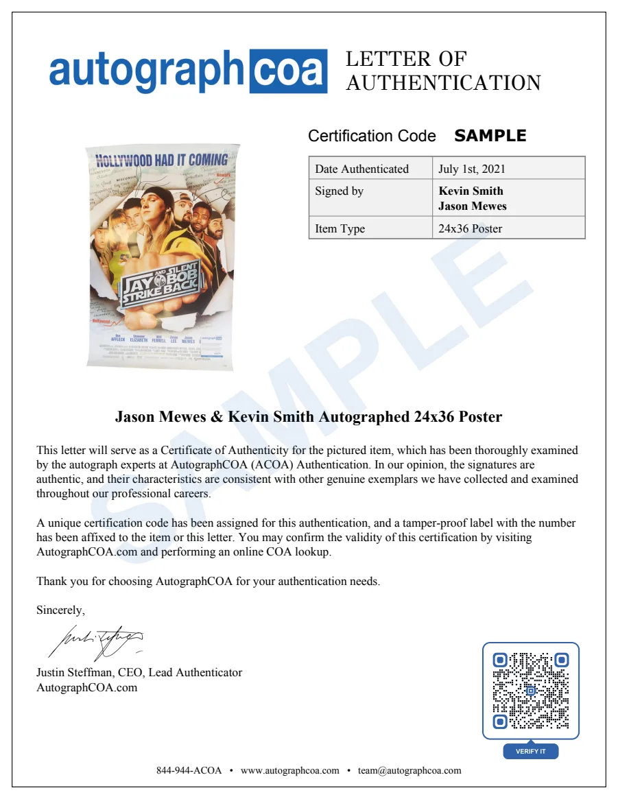 Example Letter of Authenticity for this item, marked SAMPLE