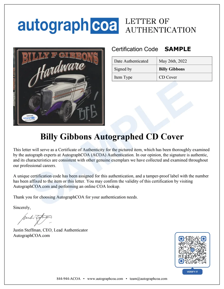 Example Letter of Authenticity for this item, marked SAMPLE