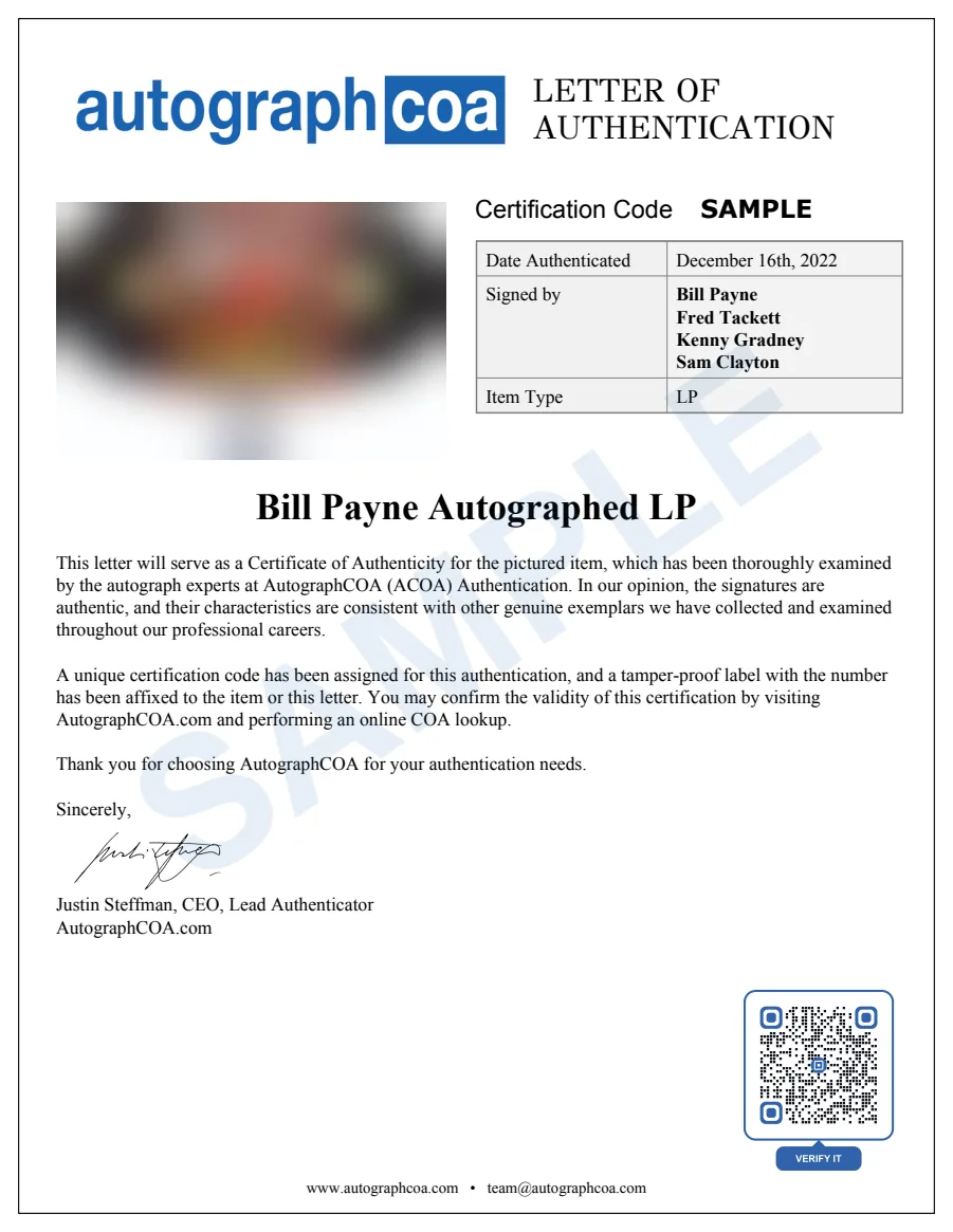 Example Letter of Authenticity for this item, marked SAMPLE