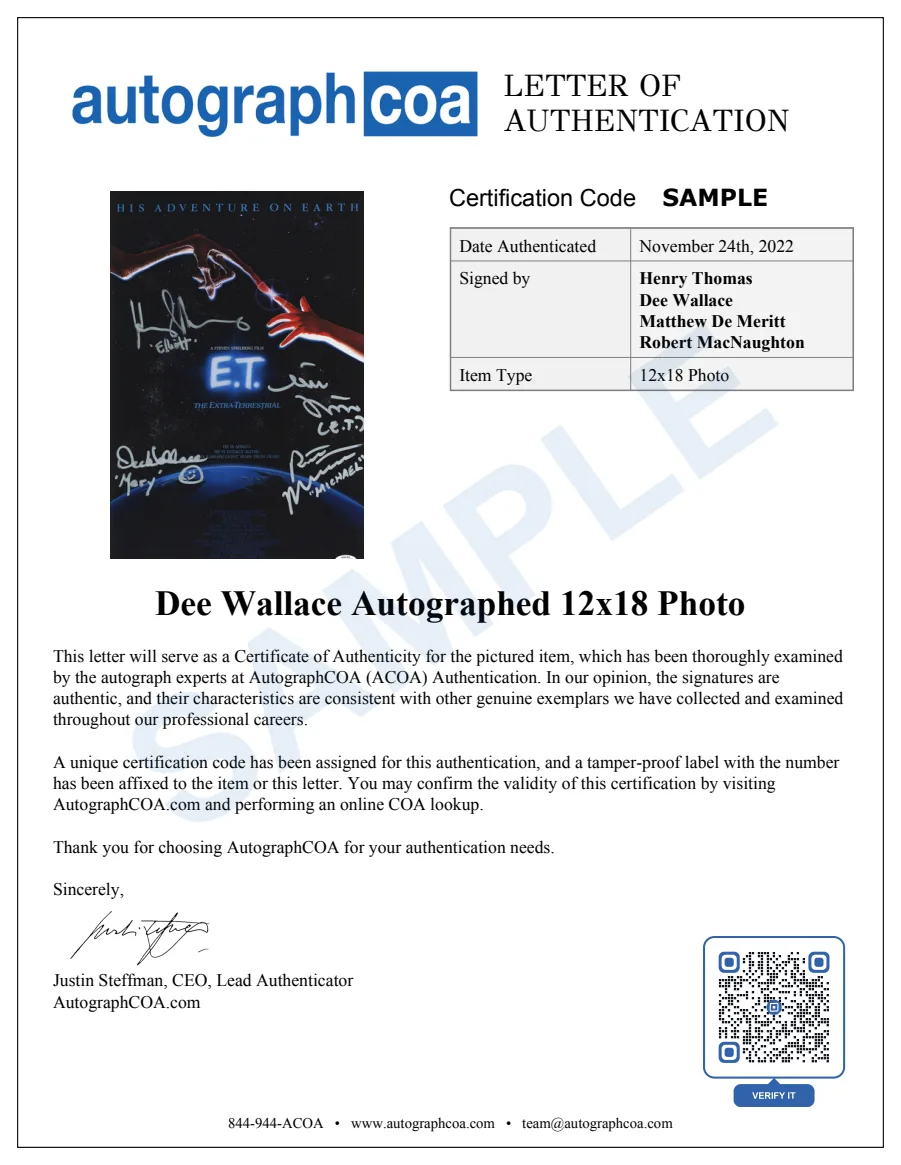 Example Letter of Authenticity for this item, marked SAMPLE