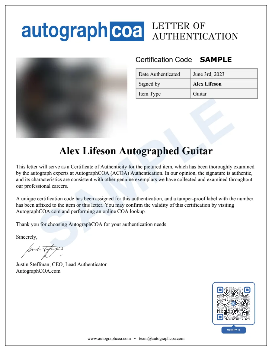 Example Letter of Authenticity for this item, marked SAMPLE