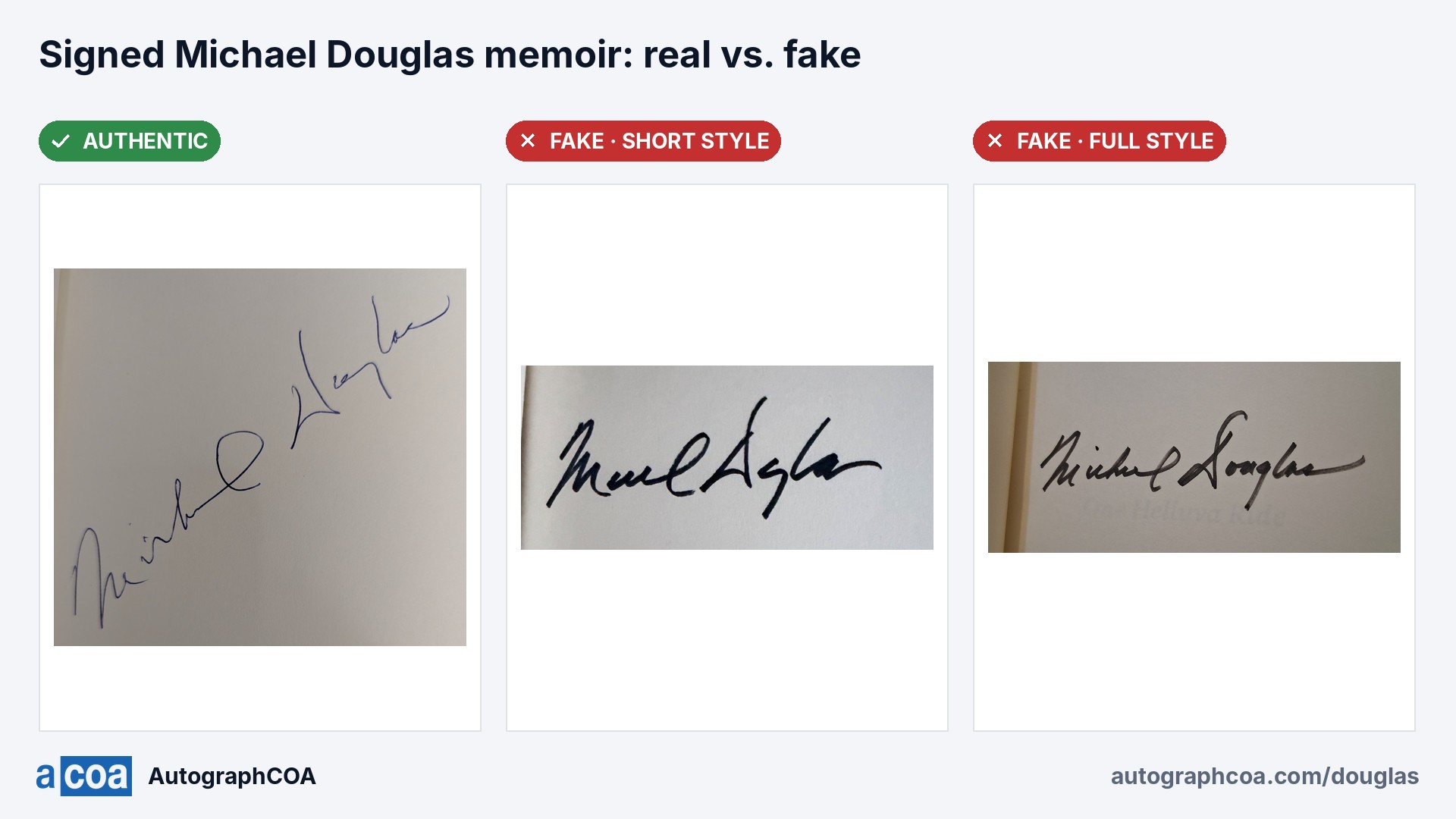 An authentic Michael Douglas signature next to the fake styles